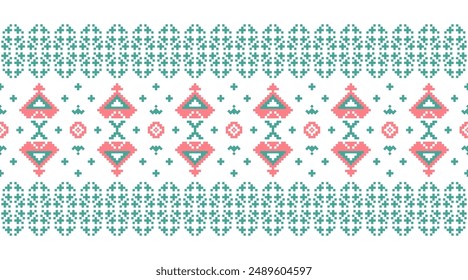 Ethnic geometric fabric pixel pattern cross Stitch. Ikat embroidery in pink and green on white background. Abstract vector illustration for Textile ,clothing, scarf, motifs, silk and etc.
