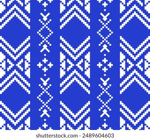 Ethnic geometric fabric pixel pattern cross Stitch. Ikat embroidery in white on blue background. Abstract vector illustration for Textile ,clothing, scarf, motifs, silk and etc.