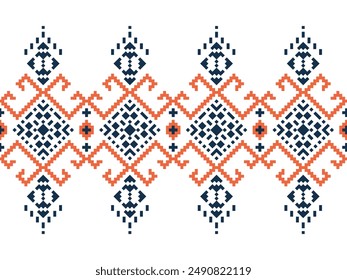 Ethnic geometric fabric pixel pattern cross Stitch. Ikat embroidery in navy and orange on white background. Abstract vector illustration for Textile ,clothing, scarf, motifs, silk and etc.