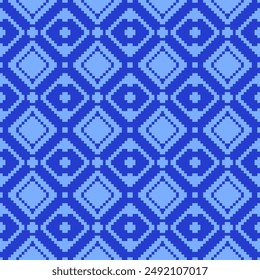 Ethnic geometric fabric pixel pattern cross Stitch. Ikat embroidery in light blue on dark blue background. Abstract vector illustration for Textile ,clothing, scarf, motifs, silk and etc.