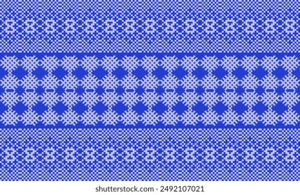 Ethnic geometric fabric pixel pattern cross Stitch. Ikat embroidery in purple on blue background. Abstract vector illustration for Textile ,clothing, scarf, motifs, silk and etc.