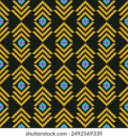 Ethnic geometric fabric pixel pattern cross Stitch. Ikat embroidery in yellow, blue and pink on black background. Abstract vector illustration for Textile ,clothing, scarf, motifs, silk and etc.