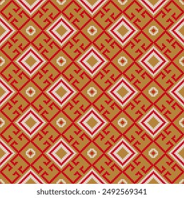 Ethnic geometric fabric pixel pattern cross Stitch. Ikat embroidery in red and beige on gold background. Abstract vector illustration for Textile ,clothing, scarf, motifs, silk and etc.