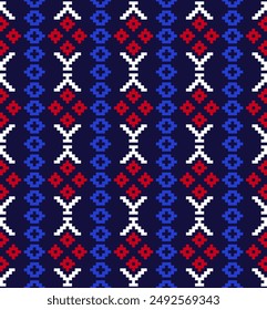 Tejido geométrico étnico patrón de píxeles punto cruzado. Ikat bordado en rojo, azul y blanco sobre fondo azul marino. Ilustración vectorial Abstractas para textiles, prendas de vestir, bufandas, motivos, seda y etc.