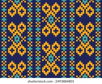 Ethnic geometric fabric pixel pattern cross Stitch. Ikat embroidery in yellow and green on navy background. Abstract vector illustration for Textile ,clothing, scarf, motifs, silk and etc.