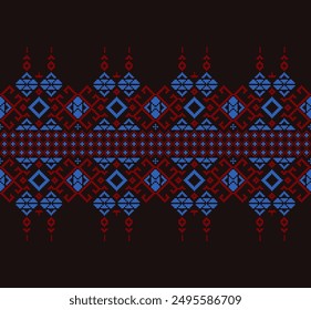 Ethnic geometric fabric pixel pattern cross Stitch. Ikat embroidery in red and blue on dark brown background. Abstract vector illustration for Textile ,clothing, scarf, motifs, silk and etc.