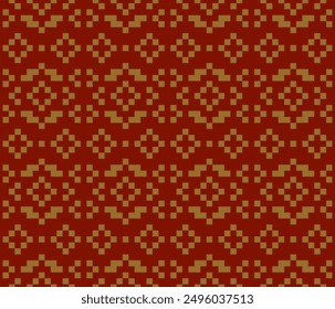 Ethnic geometric fabric pixel pattern cross Stitch. Ikat embroidery in gold on red background. Abstract vector illustration for Textile ,clothing, scarf, motifs, silk and etc.