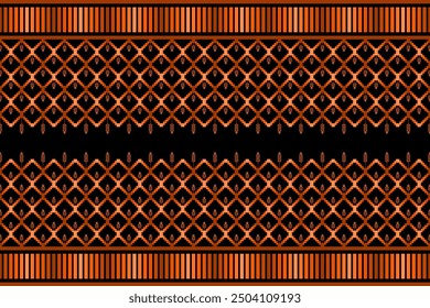 Ethnisches geometrisches und ethnisches Pixelmuster-Design. Schwarze und orange Motive. Ethnische Blumen Pixelmuster. Nahtloses Muster, Tapeten, Textilien, Motive, Kleidung, Stoff, Kat, aztec, african.