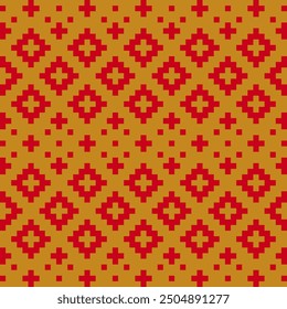 Ethnic geometric fabric pixel pattern cross Stitch. Ikat embroidery in Christmas theme color background. Abstract vector illustration for Textile ,clothing, scarf, motifs, silk and etc.