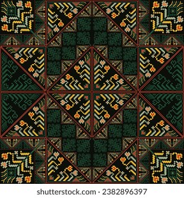 Ethnic geometric floral embroidery patchwork pattern. Vector ethnic geometric floral stitch seamless pattern. Ethnic geometric floral pattern use for textile, home decoration elements, upholstery, etc