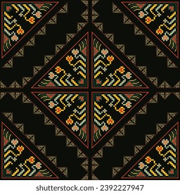 Ethnic geometric floral embroidery pattern. Vector ethnic geometric square floral shape seamless pattern. Ethnic geometric floral stitch pattern use for textile, home decoration elements, upholstery.