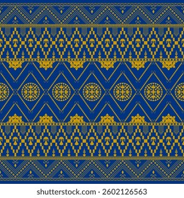 Ethnic geometric floral pattern, beautiful and unique, blue background, designed for clothing, textiles, carpets.