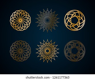 Ethnic geometric floral round ornament pattern of gold lines Mandala Decorative gold pattern oriental motif Design element ethnic oriental theme elegant golden lines Vector set decorative pattern