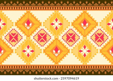 Ethnic geometric graphic design. Native American tribal fabric. Orange, red on dark background. Often used in fabric, textures, seamless, tiles, carpets. Vector illustration. Patola saree fabric.