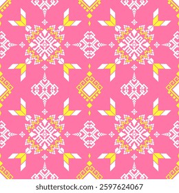 Ethnic geometric graphic design. Native American tribal fabric. White and yellow floral pattern on pink background. For fabric printing, texture, seamless, tile, carpet, sari. Vector illustration.