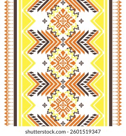 Ethnic geometric graphic design. Native American tribal fabric. Orange, yellow on white background. Often used in woven fabrics, textures, seamless, tiles, carpets. Vector illustration. Patola saree.