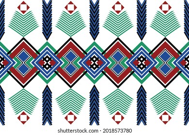 Ethnic Geometric Native Aztec African 
Vector Indian pattern design for background wallpaper carpet fabric tile using green blue leaf red black on white background for Bright colorful tone art