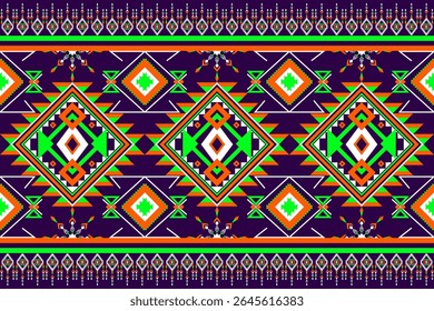 Etnia geométrica, padrão navajo, cores dos nativos americanos, cor de laranja e néon, estilo asteca, design americano de vetor sem costura para tecido, tapete, cachecol, roupas, tradicional, boêmio, rústico, tapete tecido, mexicano