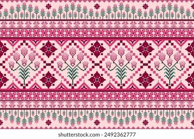 Ethnic geometric and ethnic oriental pixel pattern design. Hot pink motifs with little flowers garden on top. Ethnic fabric pattern. Seamless pattern, wallpaper, textile, motif, clothing, fabric,ikat.