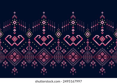 Ethnisch geometrische und ethnisch orientalische Mustergestaltung. Motiv-Stickerei-Design. Blumen in der Schlange. Blauer Hintergrund. Pixel-Kunst, Kleidung, Grafik, Ethnie, Element, Stoff, Teppich, Motive, Textilien, Stich.