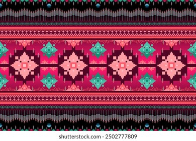 Ethnic geometric and ethnic oriental pixel pattern design. Black and pink motifs with flowers garden on top. Ethnic pixel pattern. Seamless pattern, wallpaper, textiles, motifs, clothing, fabric,ikat.