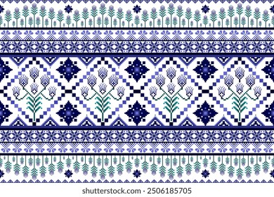 Ethnic geometric and ethnic oriental pixel pattern design. Blue and white motifs with little flowers garden on top. Ethnic fabric pattern. Seamless pattern, wallpaper, textile, clothing, fabric, ikat.