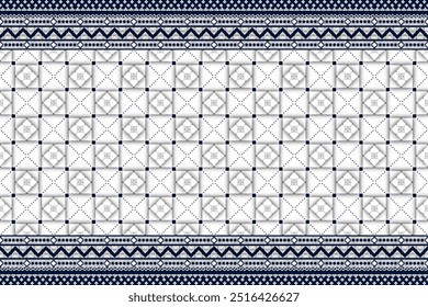 Ethnic geometric and ethnic oriental pixel pattern design. White and blue motifs floral ethnic pattern. Seamless pattern, wallpaper, textile, clothing, fabric, ikat, boho, motifs, background, diamond.