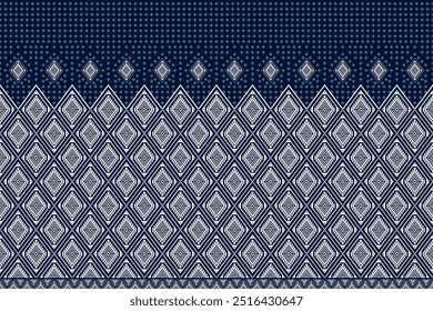 Design de padrão étnico de pixel oriental e geométrico. Branco e azul motivos padrão étnico quadrado. Padrão sem costura, papel de parede, têxtil, vestuário, tecido, ikat, boho, motivos, fundo, diamante.