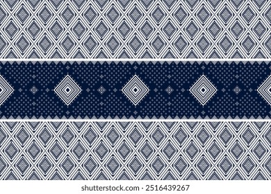 Ethnic geometric and ethnic oriental pixel pattern design. White and blue motifs square ethnic pattern. Seamless pattern, wallpaper, curtain, clothing, fabric, ikat, boho, carpet, background, diamond.