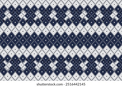 Ethnic geometric and ethnic oriental pixel pattern design. White and blue motifs square ethnic pattern. Seamless pattern, wallpaper, curtain, clothing, fabric, ikat, batik, carpet, background,diamond.