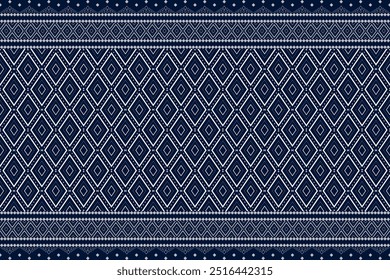 Ethnic geometric and ethnic oriental pixel pattern design. White and blue motifs square ethnic pattern. Seamless pattern, wallpaper, curtain, clothing, fabric, ikat, boho, carpet, background, diamond.