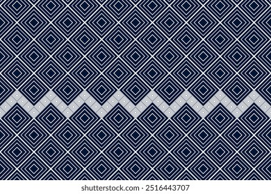 Diseño de patrón de píxeles orientales étnicos geométricos y étnicos. Patrón étnico cuadrado de motivos blancos y azules. Patrón sin costuras, Fondo de pantalla, cortina, ropa, tela, ikat, batik, alfombra, fondo, diamante.