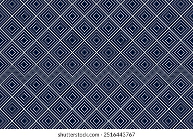 Ethnische geometrische und ethnisch orientalische Pixel-Muster-Design. Weiße und blaue Motive quadratische ethnische Muster. Nahtloses Muster, Tapete, Vorhang, Kleidung, Stoff, Katze, Batik, Teppich, Hintergrund, Diamant.