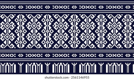 Ethnic geometric and ethnic oriental pixel pattern design. White and blue motifs mini flowers ethnic pattern. Seamless pattern, wallpaper, curtain, clothing, fabric, ikat, batik, carpet ,diamond.