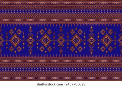 Ethnic geometric oriental traditional on navy background seamless pattern. Native Ikat pixel style design for fabric, embroidery, home decor, ornate, element, texture, textile, illustration, print