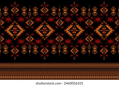 Ethnic geometric oriental traditional on navy background seamless pattern. Native Ikat pixel style design for fabric, embroidery, home decor, ornate, element, texture, textile, illustration, print