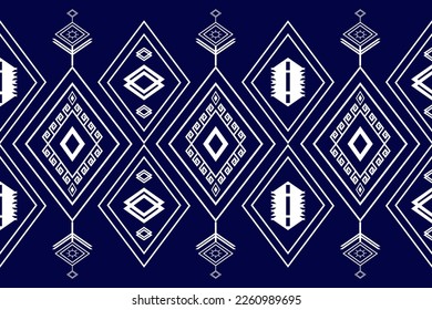 Ethnic Geometric oriental traditional with triangles and elements seamless pattern navy blue background. designed for background, wallpaper, clothing, wrapping, fabric, Batik, decorating, embroidery 