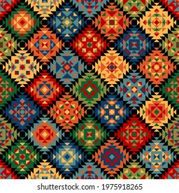 ethnic geometric ornament. color carpet. vector seamless pattern. layered repetitive background. patchwork fabric swatch. wrapping paper. continuous design element for home decor, apparel, textile
