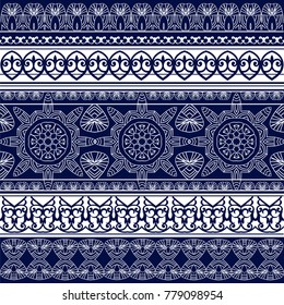 Ethnic geometric ornament strip. et of Lace Bohemian Seamless Borders. Stripes with Blue Floral Motifs. Decorative ornament backdrop for fabric, textile, wrapping paper.