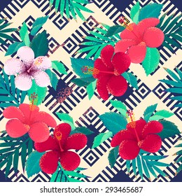 Ethnic geometric ornamental background with palm leaves and hibiscus flowers. Tropical retro vector seamless pattern