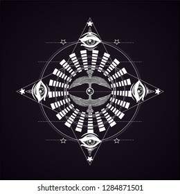 Ethnic geometric pattern with all seeing eye. Sketch print for t shirt and tattoo art, fabric design. Black and white illustration. Esoteric circle mandala with flying birds and eye of providence.
