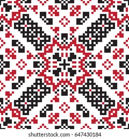 Ethnic geometric pattern. Black, red and white seamless background. Pixel boho ornament.