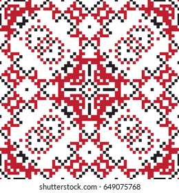 Ethnic geometric pattern. Black, red and white seamless background. Pixel boho ornament.