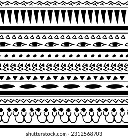 Ethnic Geometric pattern in black white color Aztec Egyptian hieroglyphs seamless pattern border isolated on white abstract background 