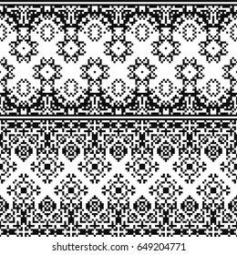 Ethnic geometric pattern. Black and white seamless background. Pixel boho ornament.