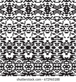 Ethnic geometric pattern. Black and white seamless background. Pixel boho ornament. Monochrome vector design