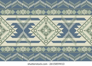 Ethnic Geometric Pattern with Bold Tribal Motifs in Blue and Cream for Textile and Interior Design