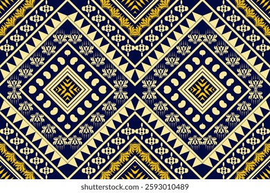 ethnic geometric pattern dark blue, yellow striped background. The pattern consists of triangular shapes. diamond and flower shapes arranged Design for fabric patterns Pillows, curtains,handkerchiefs