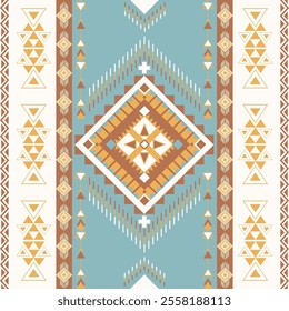 Ethnic Geometric Pattern with Earthy Tones and Symmetrical Design on Blue Background, Inspired by Tribal Art