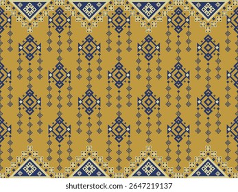 Ethnic Geometric Pattern. Elegant seamless ethnic pattern in golden yellow tones with tribal motifs and geometric arrows. Ideal for textile, wrapping paper, and digital products.